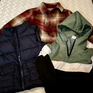 Plaid Jacket, Puffer Vest, and Colorblock Hoodie